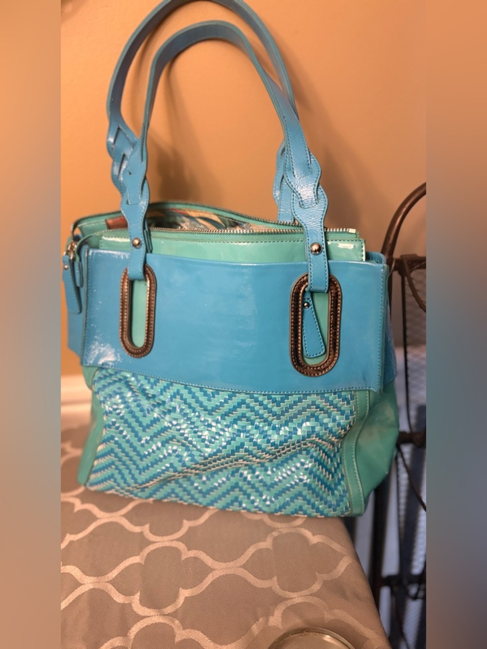 Sharif GUC Teal patent  Leather Shoulder Bag woven large purse tote handbag